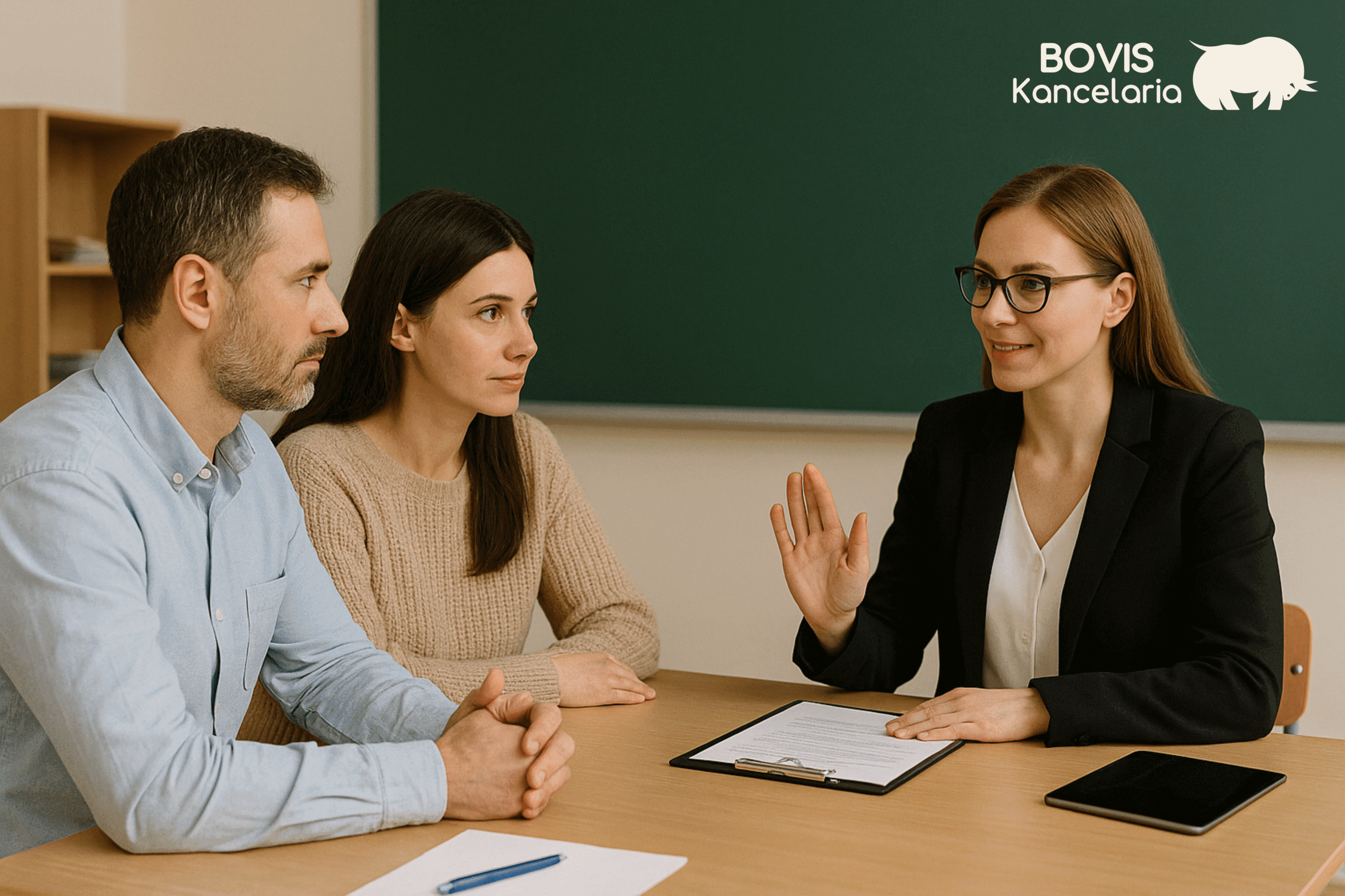 Rodzice rozmawiający z nauczycielem w szkole – prawa i obowiązki rodziców w szkole