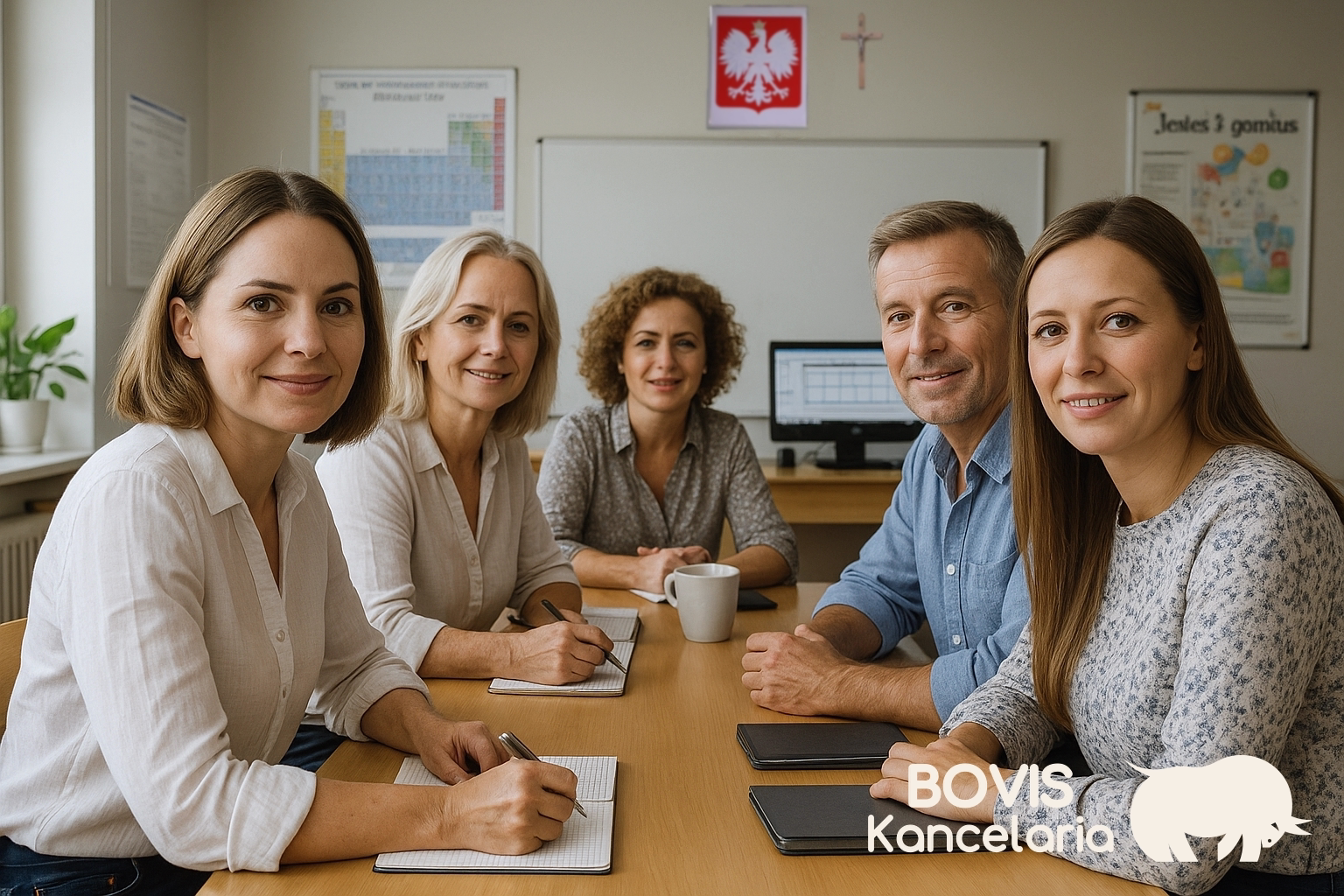 Nauczyciele podczas zebrania rady pedagogicznej w sali konferencyjnej szkoły