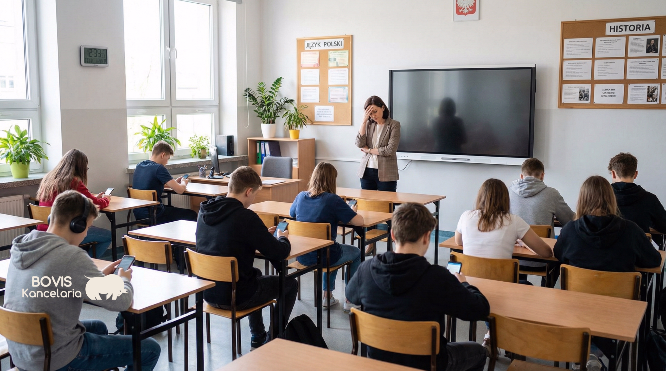 uczniowie odkładają smartfony do wyznaczonego miejsca w szkole